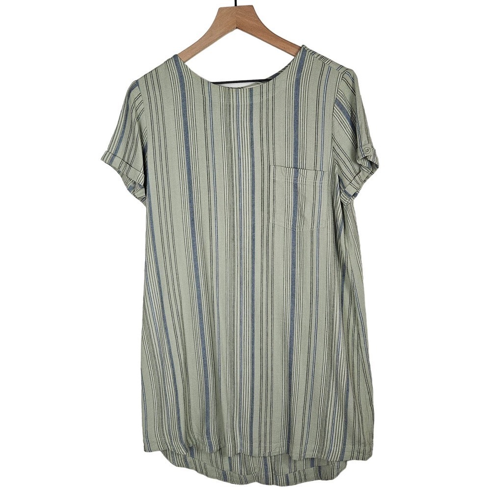 NEW Cloth & Stone Linen Stripe Button Back Dress S Sage Green Short Sleeve NWT